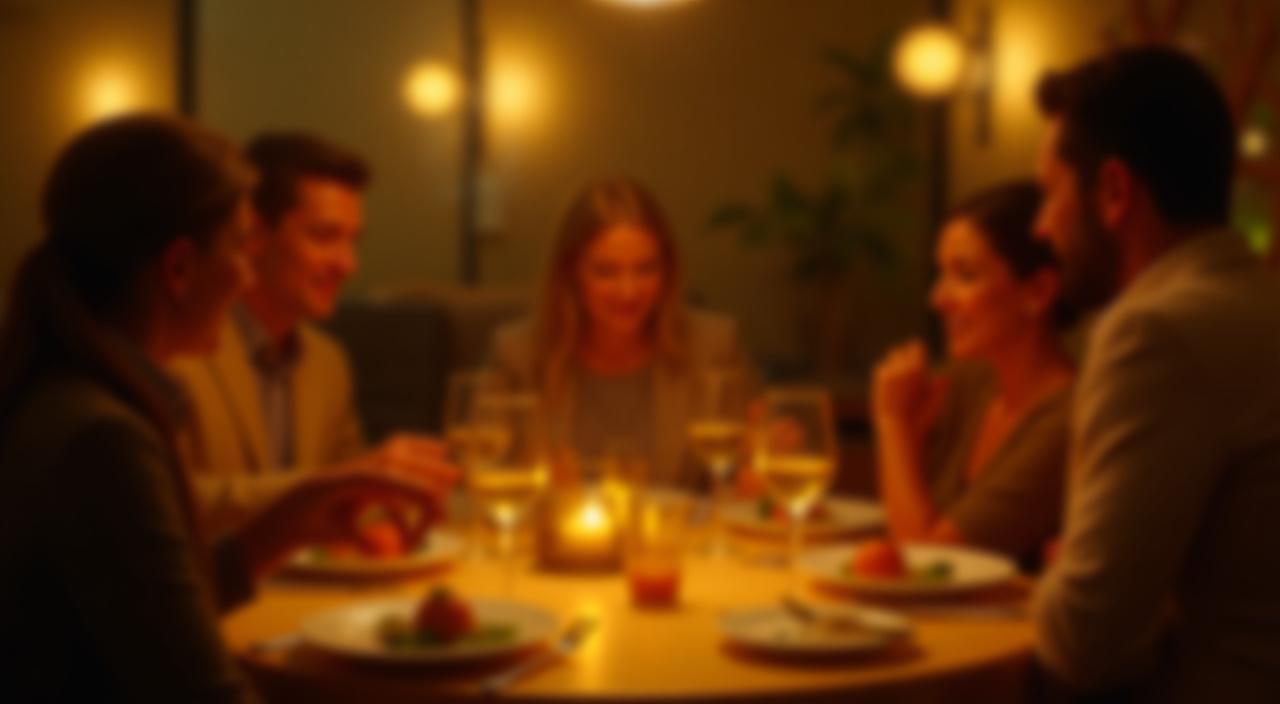 A group of friends enjoying a meal at Gourmet Garden, with warm lighting and lively conversation.