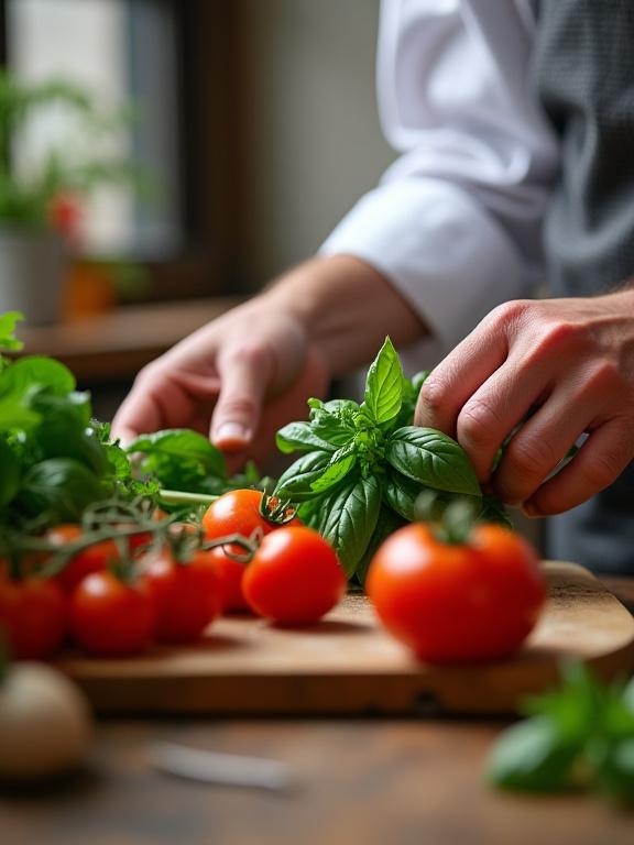 Our head chef carefully selecting fresh basil and tomatoes.
